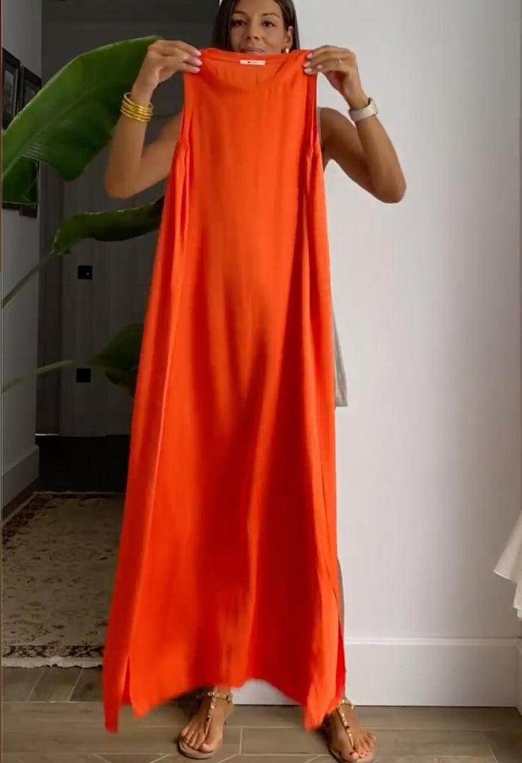 Orange Sleeveless Solid Color Midi Dress