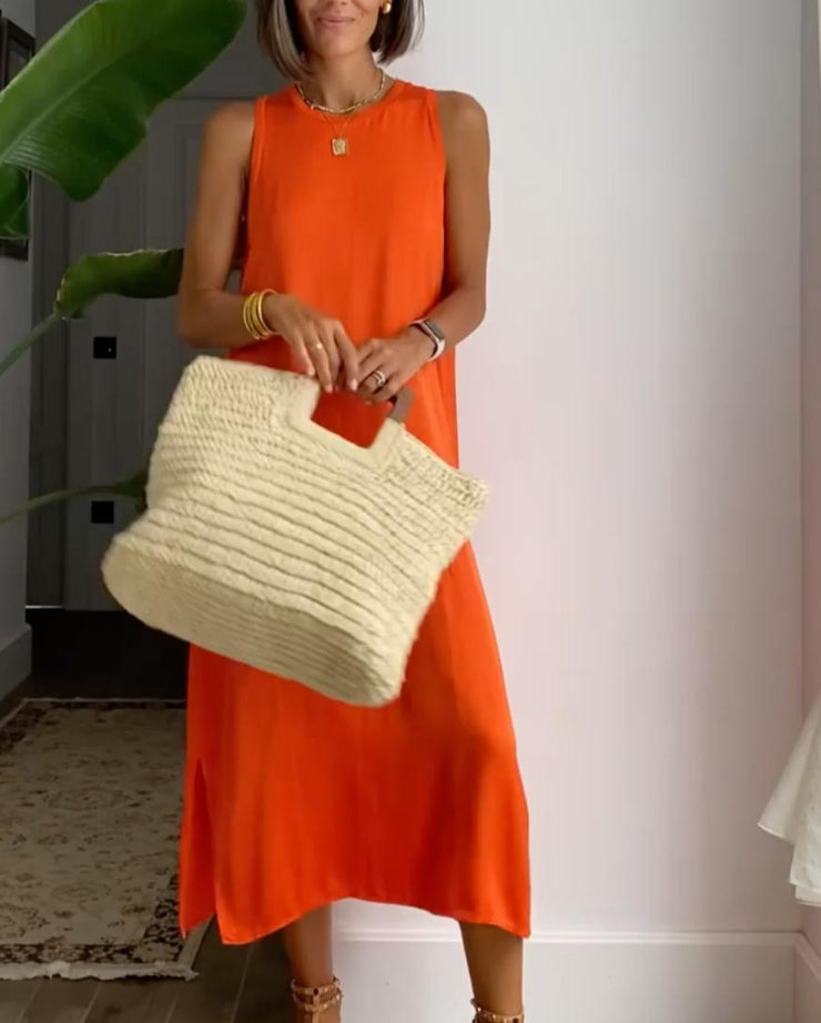 Orange Sleeveless Solid Color Midi Dress