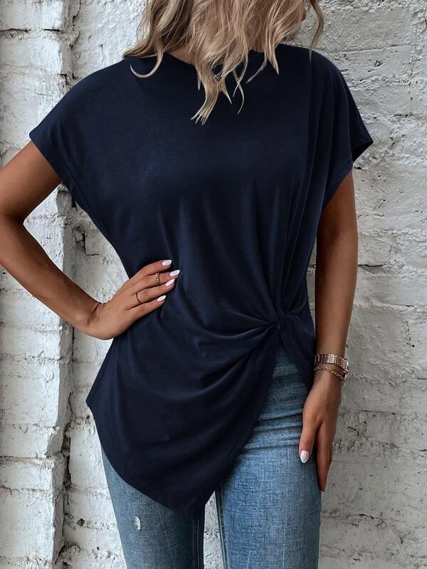 Navy blue shirt with short sleeves and front knots