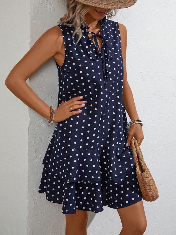 Popular Dotted V Neck Mini Dress