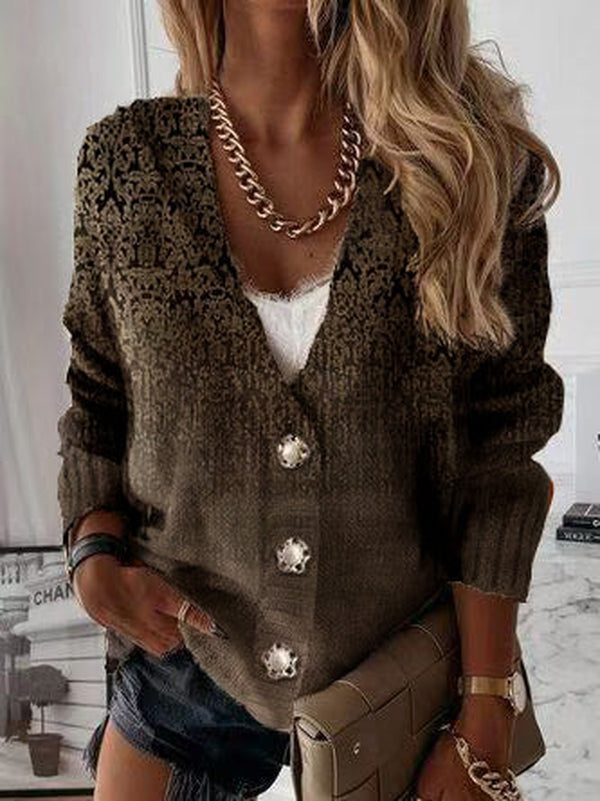 Brown print sweater with buttons