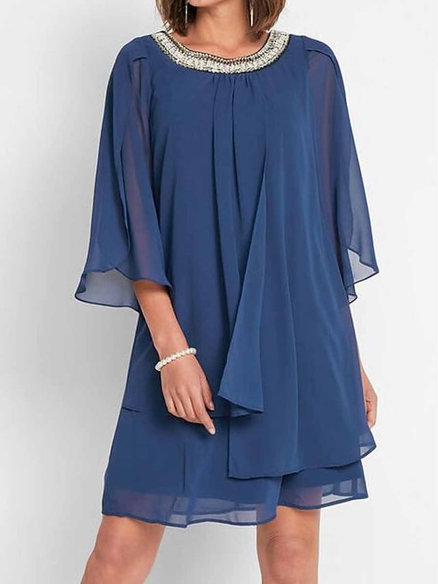 Blue 3/4-sleeve monochrome mini dress