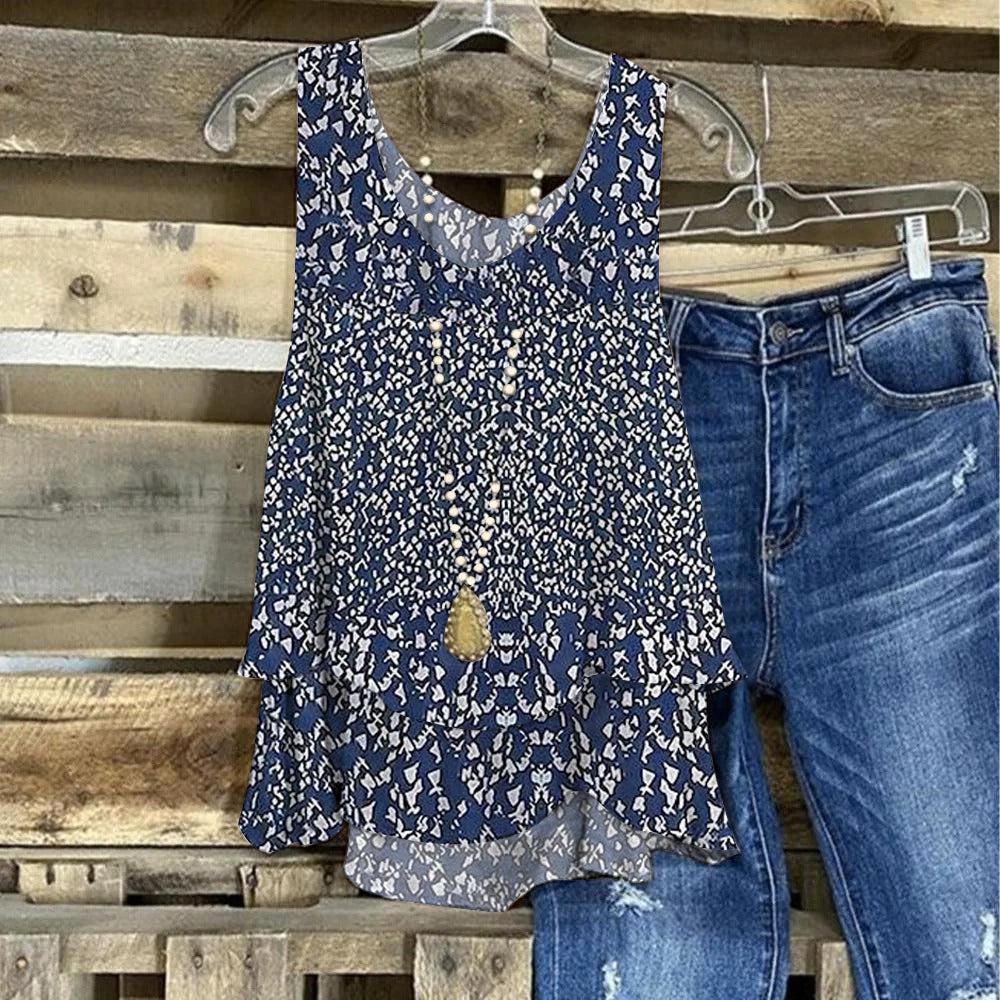 Blue printed sleeveless tank top