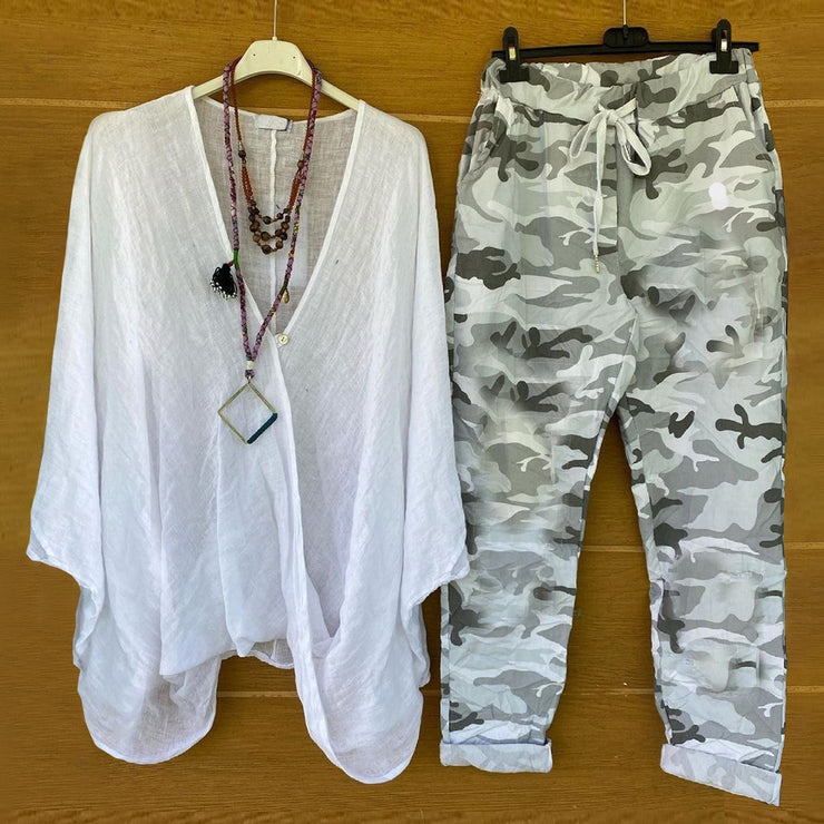 Groovy Camouflage Trousers with Drawstring and Cuffs White Tunic 2-Piece Set