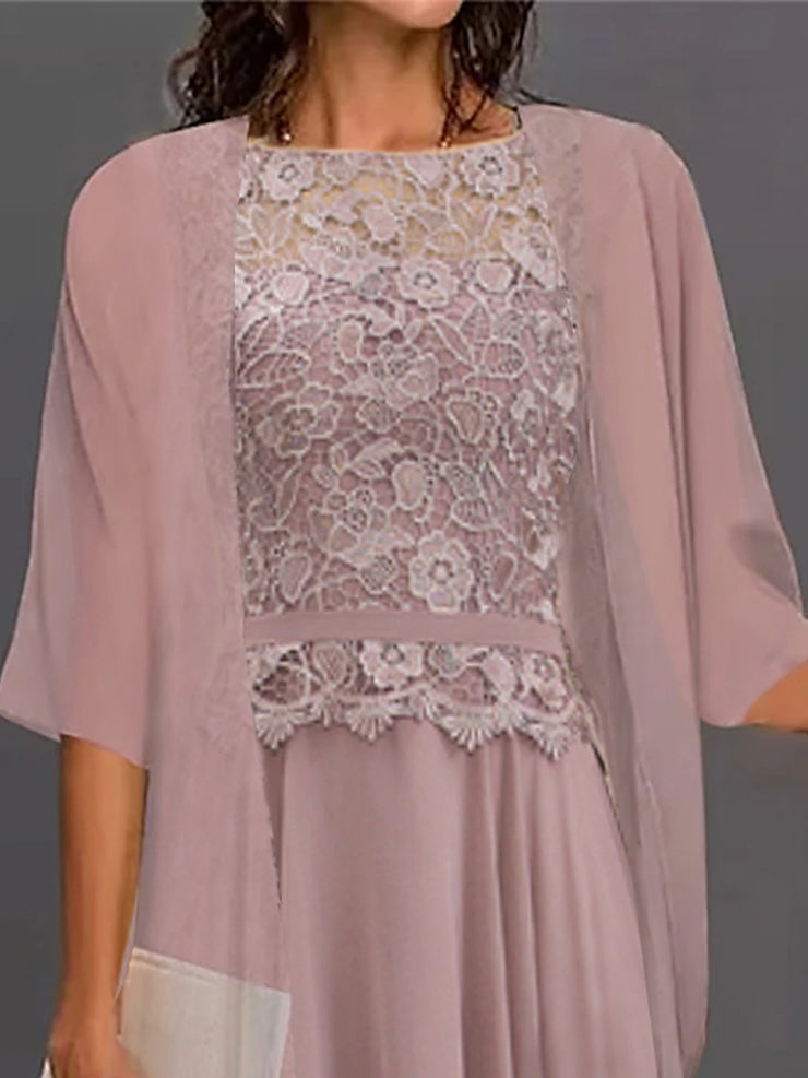 Pink Lace Midi Dress With Half Sleeves