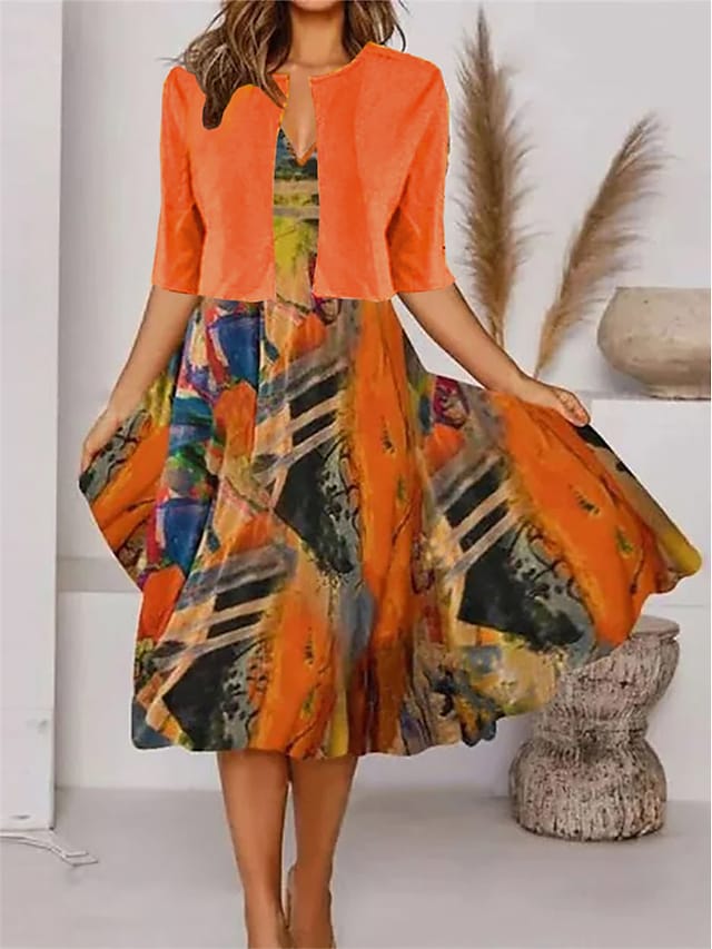 Orange midi dress with half sleeves and V-neck