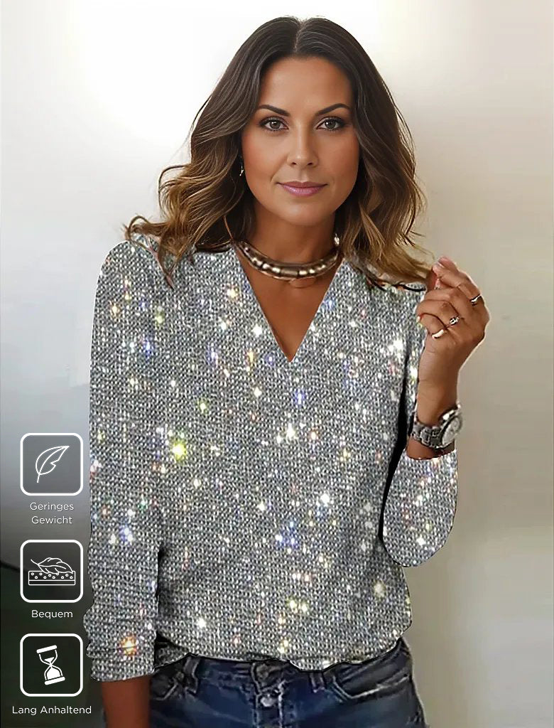 Silver Metallic Disco Flitter Print V-neck Long Sleeve Top