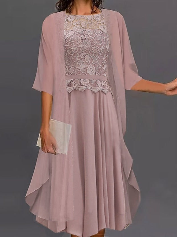 Pink Lace Midi Dress With Half Sleeves