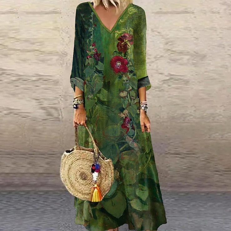 Green V-neck 3/4-sleeve maxi dress