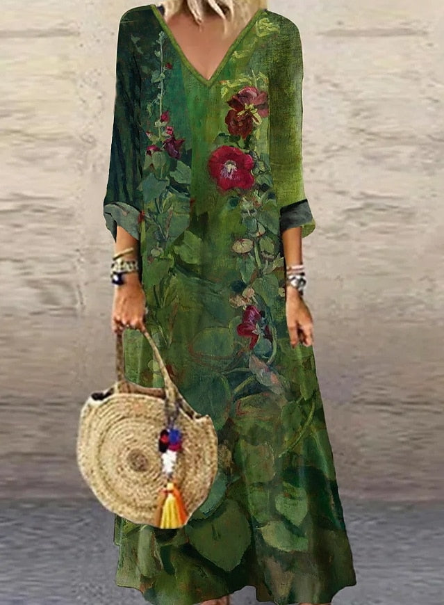 Green V-neck 3/4-sleeve maxi dress