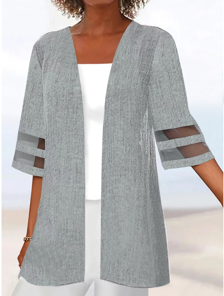 Grey cardigan with three quarter sleeves and transparent stripes