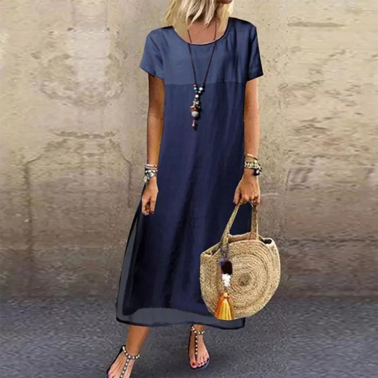 Dark ocean blue maxi dress with color block