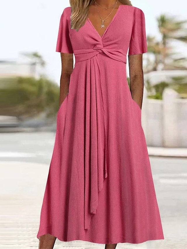 Pink solid color midi dress with short sleeves