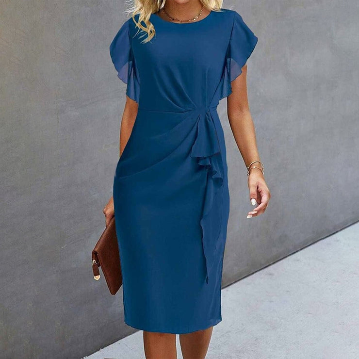 Blue plain sleeveless midi dress