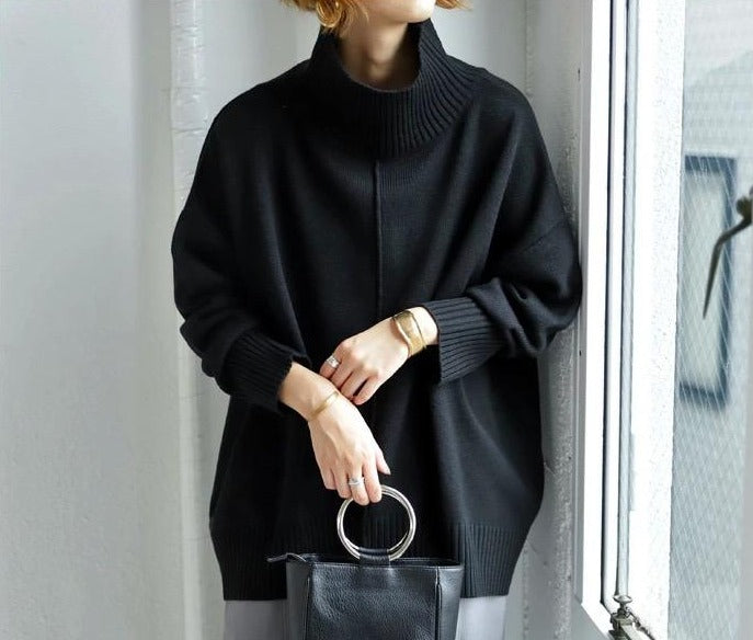 Black monochrome long sleeve sweater with high neckline