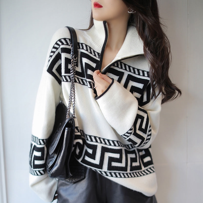 Black and white V-neck sweater