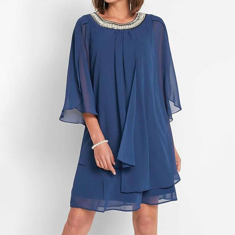 Blue 3/4-sleeve monochrome mini dress