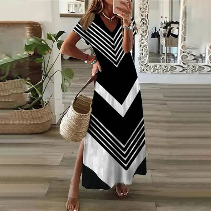 Black and White Short Sleeve Maxi Dress