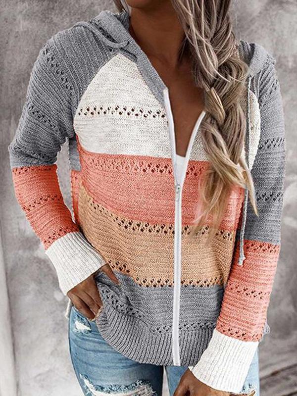 Horizontal striped zip knit hoodie