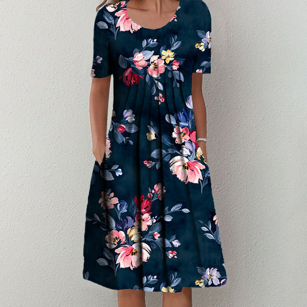 Navy Short Sleeve Crew Neck Midi Dress