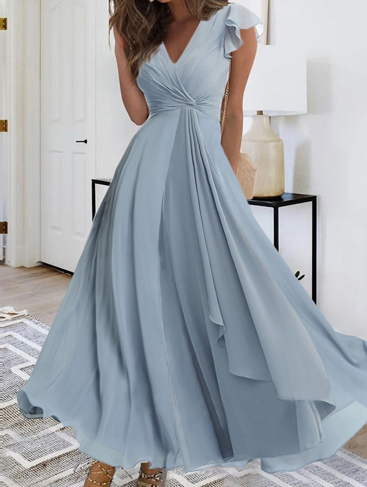 Powder blue maxi dress with V-neck and gathered sleeves