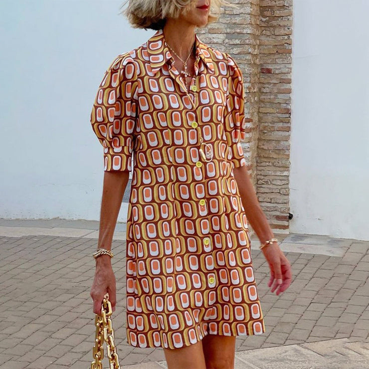 Retro Geometric Print Puff Sleeves Mini Dress